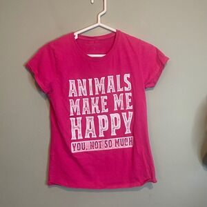 Farmsted Womens Casual Crewneck Graphic Animals Make Me Happy T-Shirt Pink Small